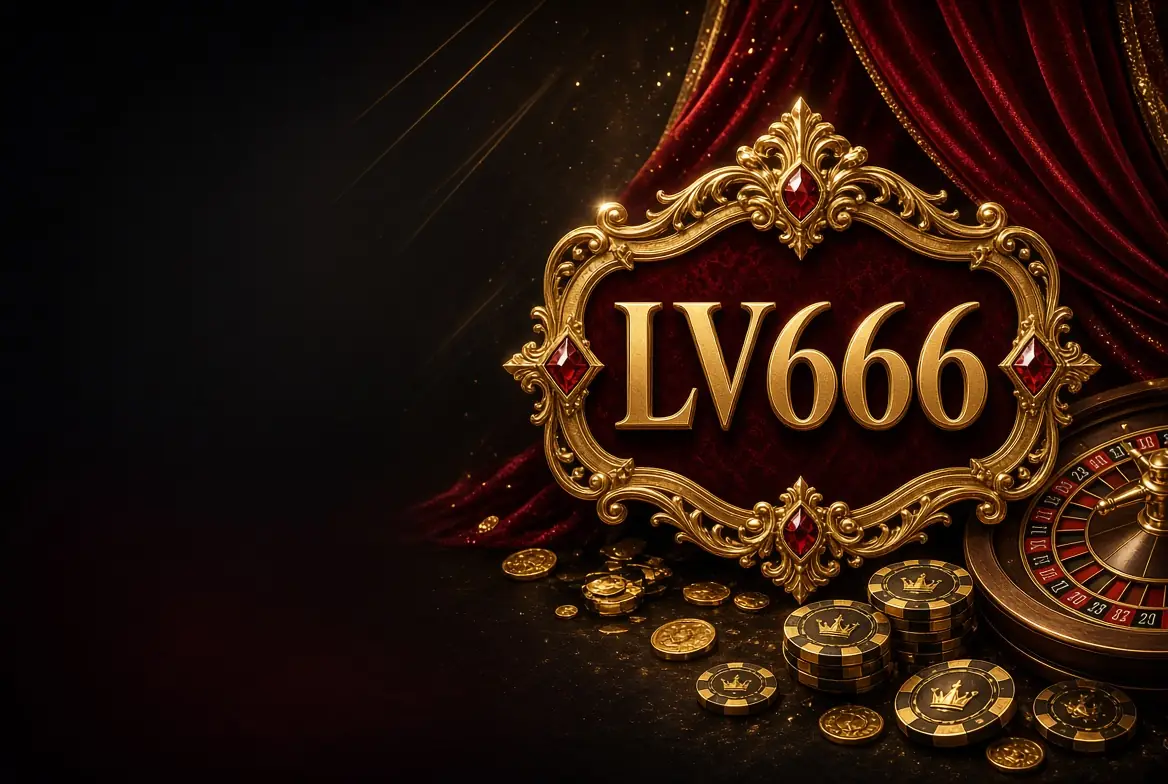 lv666 gold logo in an ornate frame with red curtains, a roulette wheel and casino chips